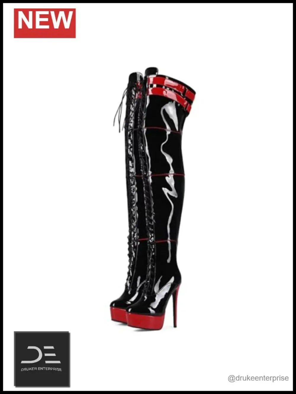 Stiletto Platform Over The Knee Lace Up Boots, Patent, Extra Large Sizes,
